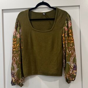 Olive Green Floral Sleeve Women's Top